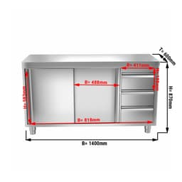 Edelstahl Arbeitsschrank PREMIUM - 1400x600mm - mit 3 Schubladen rechts ohne Aufkantung