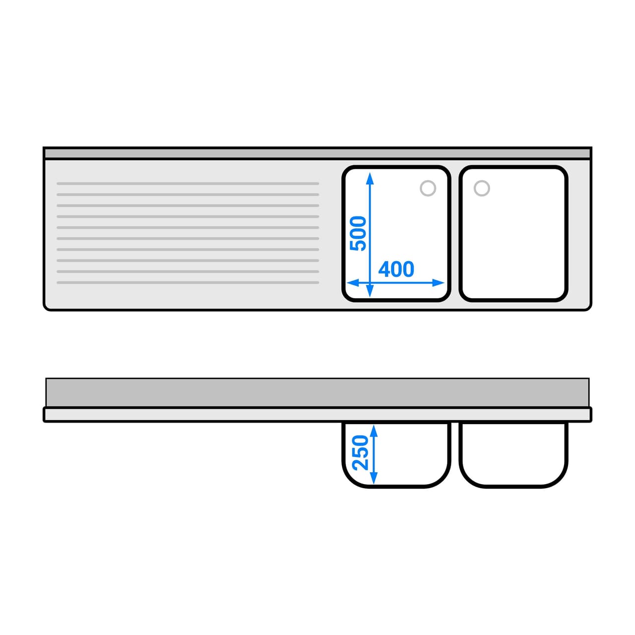 Spülschrank - 2000x600mm - mit Abfallbehälter & 2 Becken rechts