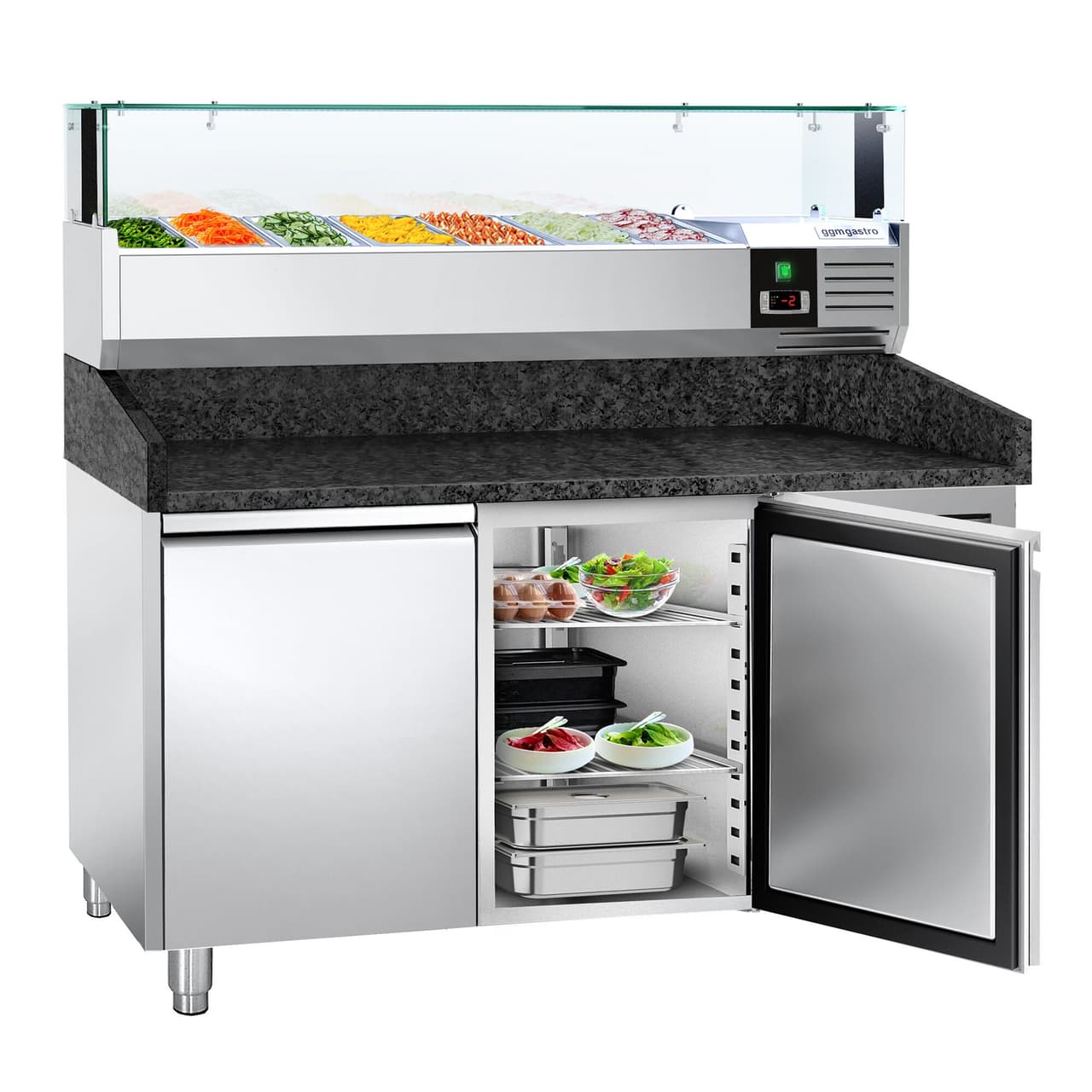 Pizzakühltisch PREMIUM - 1500x800mm - mit 2 Türen - inkl. Kühlaufsatzvitrine LED - 7x GN 1/4