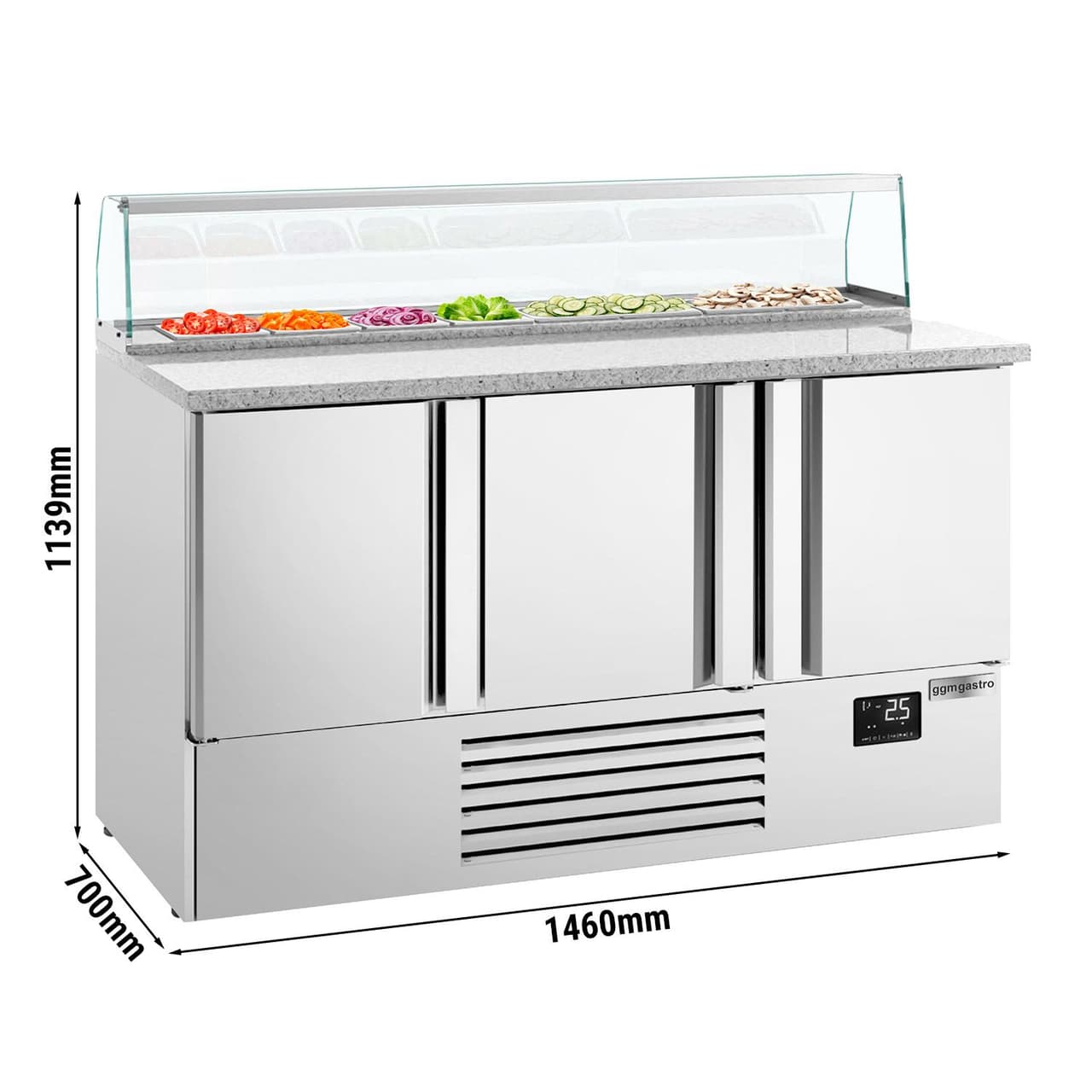 Saladette Premium PLUS - 1460mm - 3 Türen - mit Glasaufsatz für 8x GN 1/6