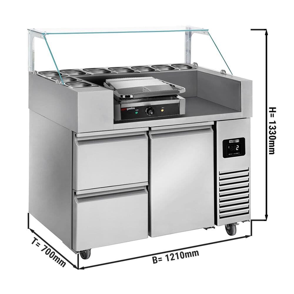 Zubereitungstisch - 1210mm - 1 Tür & 2 Schubladen - für 9x GN 1/6 - inkl. Kontaktgrill