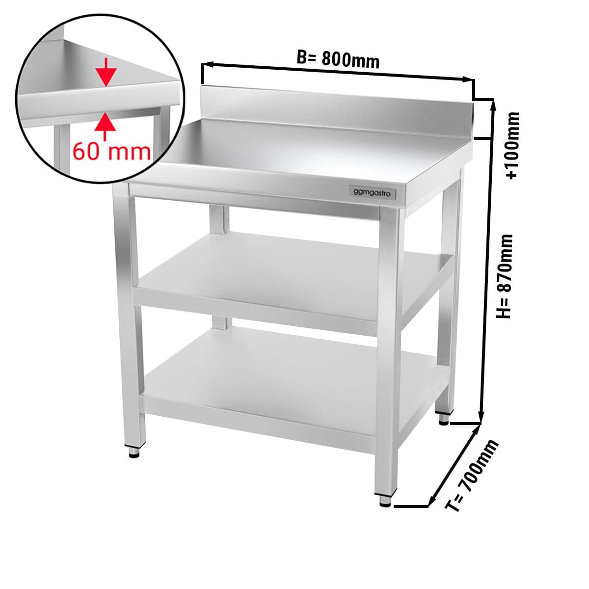 Edelstahl Arbeitstisch PREMIUM - 800x700mm - mit Grundboden, Aufkantung & Zwischenboden