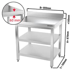 Edelstahl Arbeitstisch PREMIUM - 800x700mm - mit Grundboden, Aufkantung & Zwischenboden