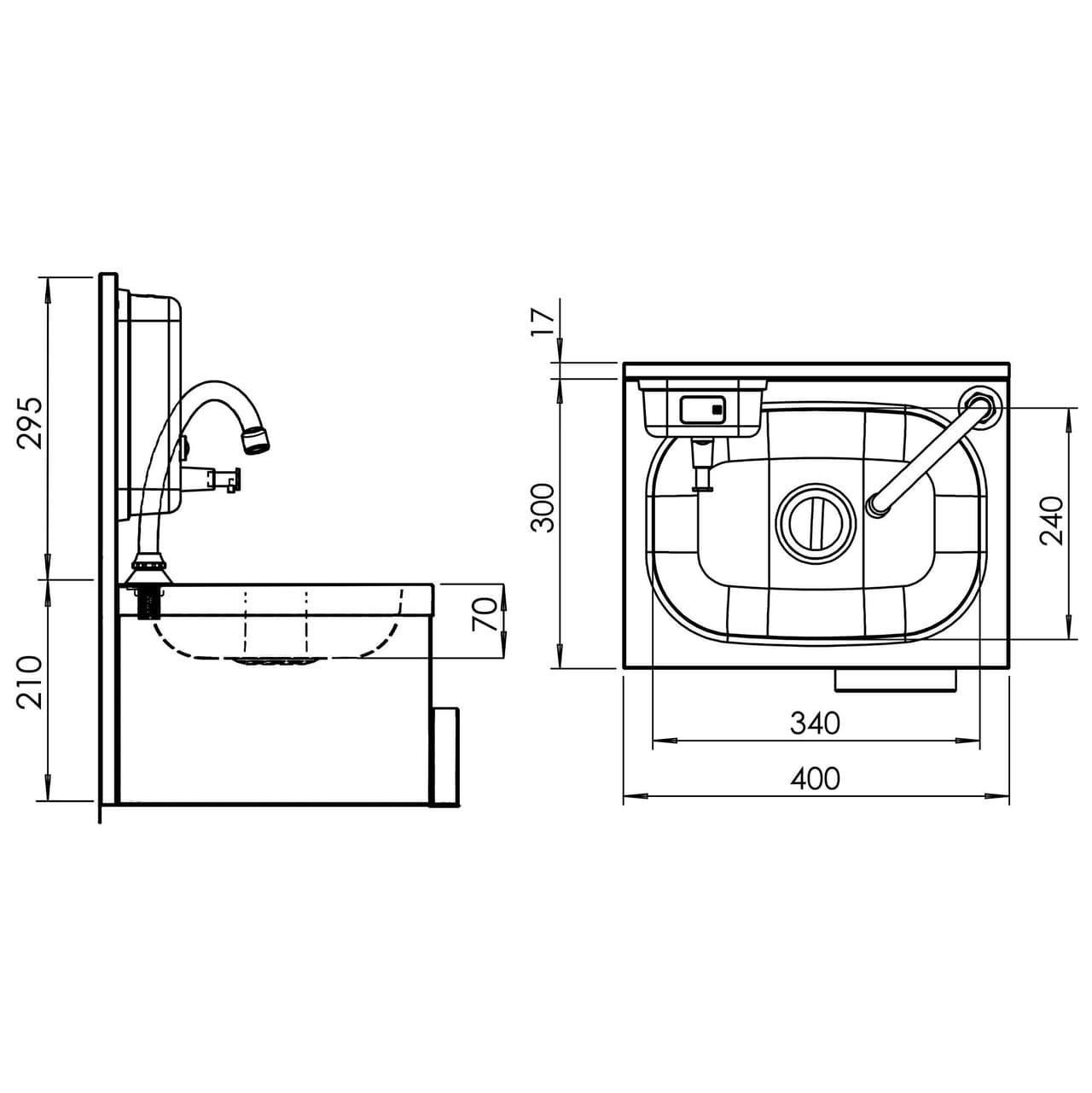 Handwaschbecken - Edelstahl - mit Wasserhan, Kniebedienung & Seifenspender