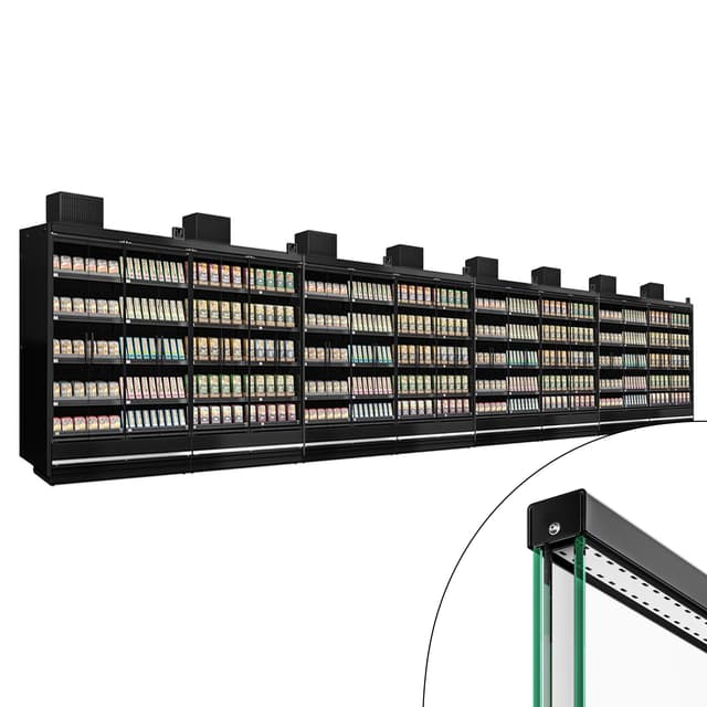(8 Stück) - Supermarkt-Wandkühlregal - 15000mm - mit rahmenlosen, isolierten Glastüren & 5 Ablagen