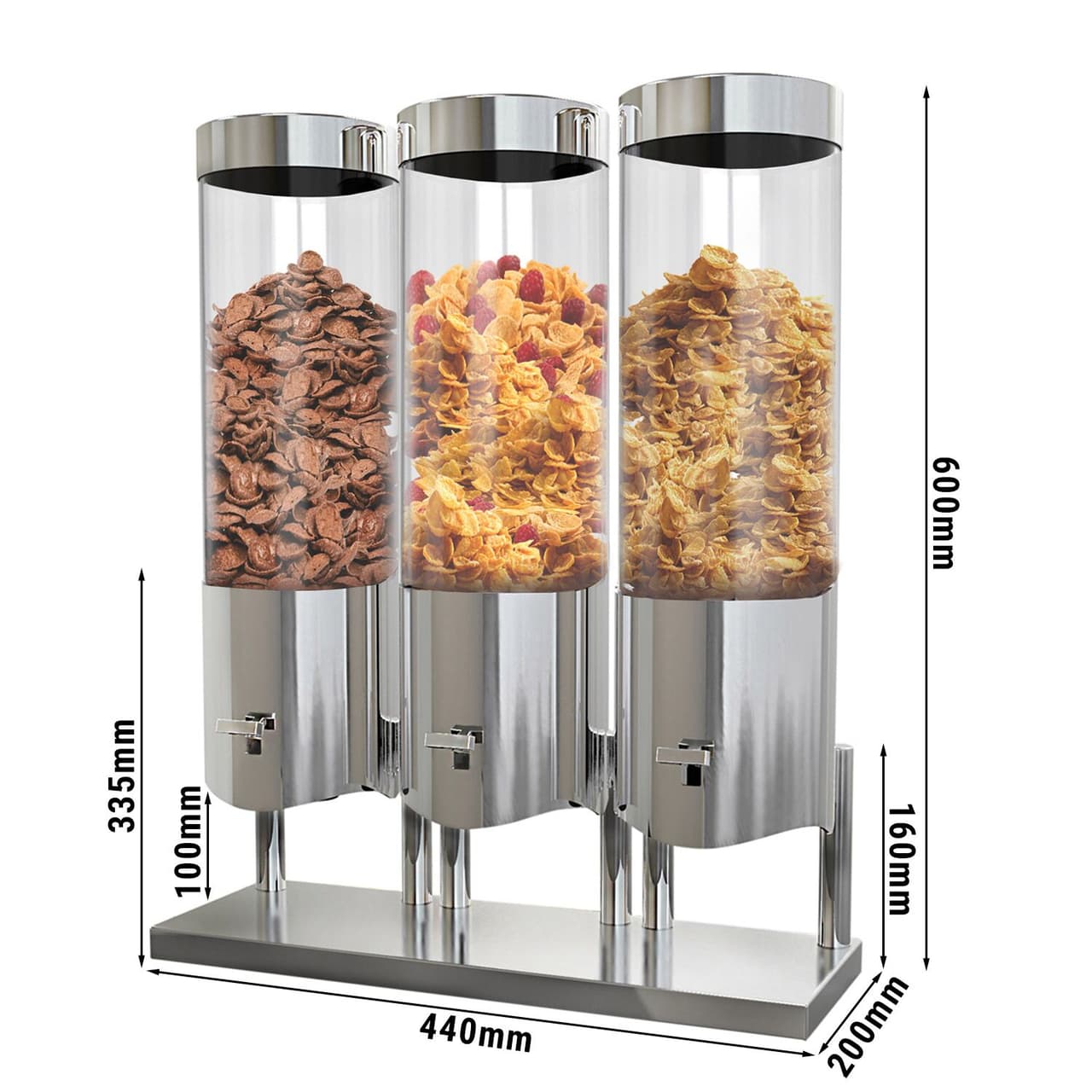 Cerealienspender - dreifach - Ø 120mm - Chrom - Hebelausgabe