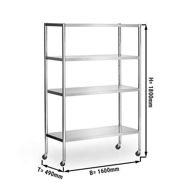 Edelstahlregal PREMIUM - 1600x490mm - mit 4 Ablagen (VERSTELLBAR) - inkl. 4 Rollen